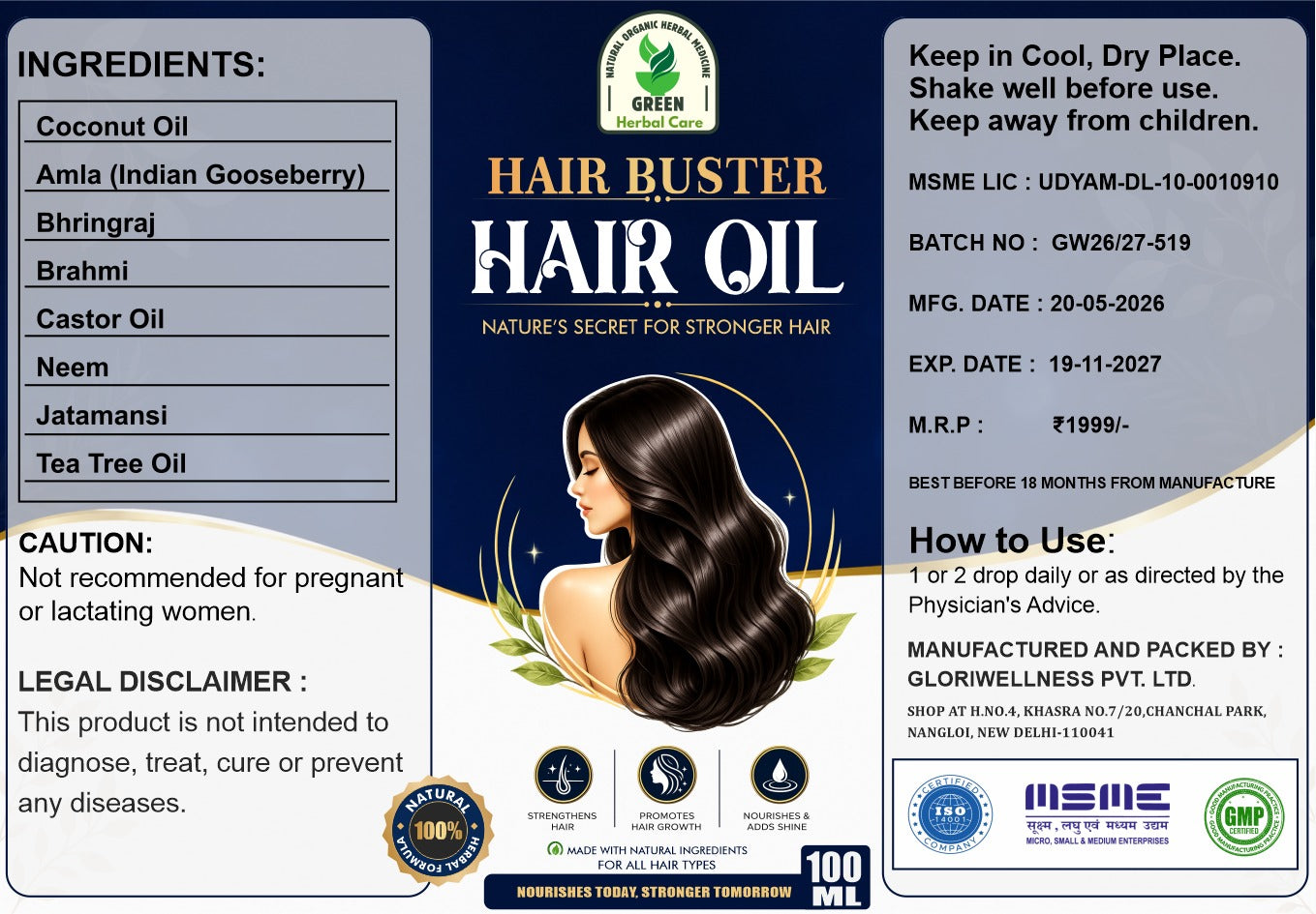 Option 1 (SEO & Marketplace Optimized): Green Herbal Care Hair Buster Hair Oil - 100 ml | 100% Herbal Ingredients for Root to Tip Strength, Reduces Hair Fall & Boosts Shine | Results in 30 Days